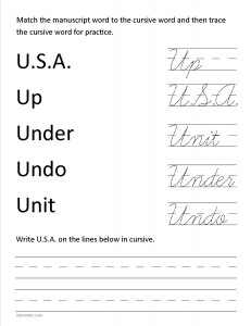 Download the cursive capital letter U worksheet