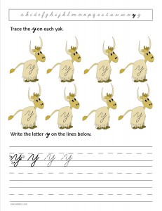 Download the cursive lower case letter y worksheet