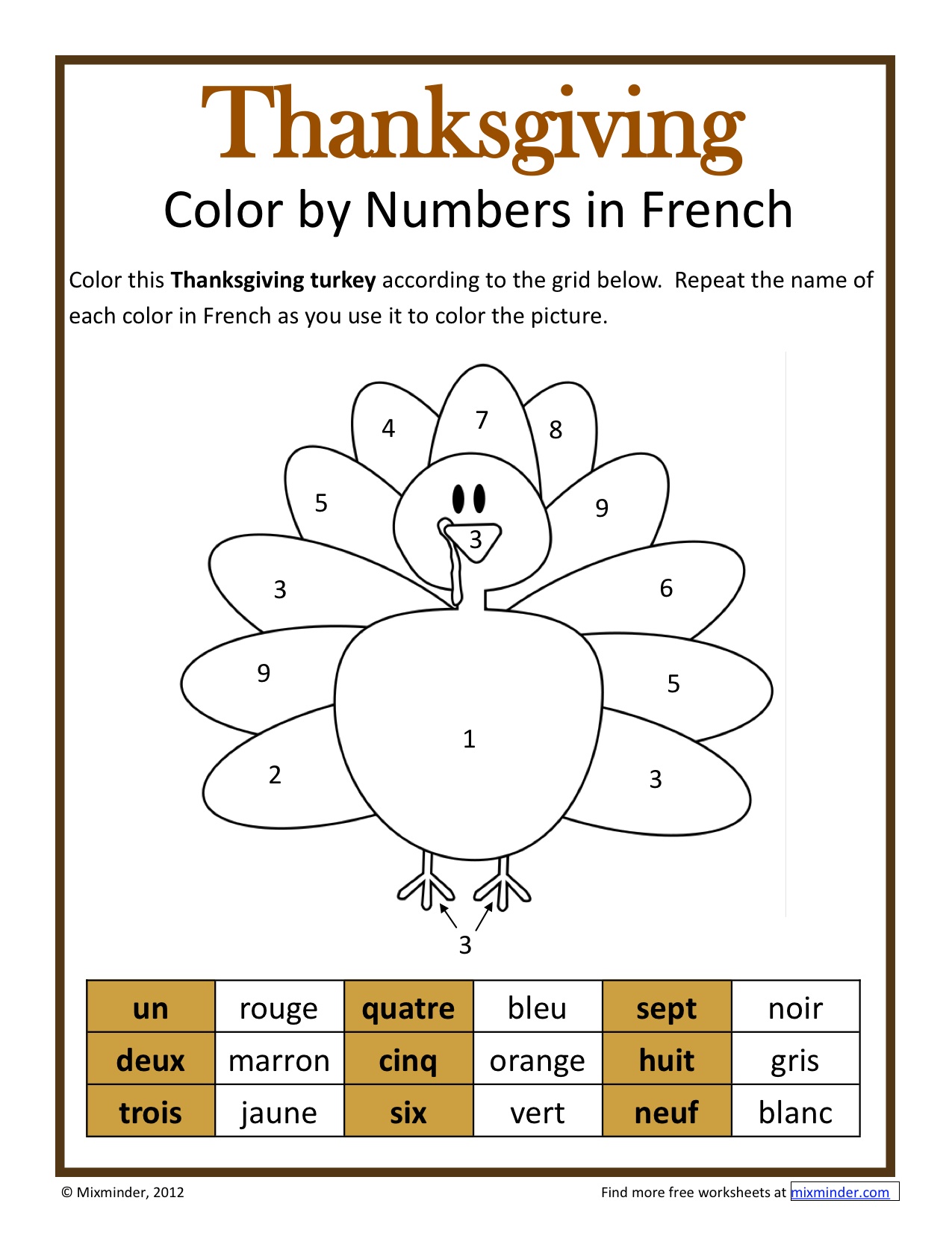 Thanksgiving Color by Numbers in French