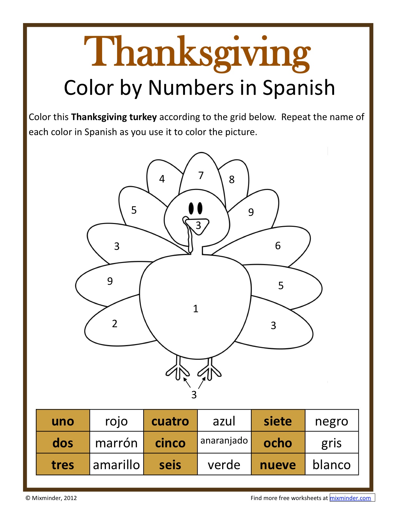 Thanksgiving Color by Numbers in Spanish
